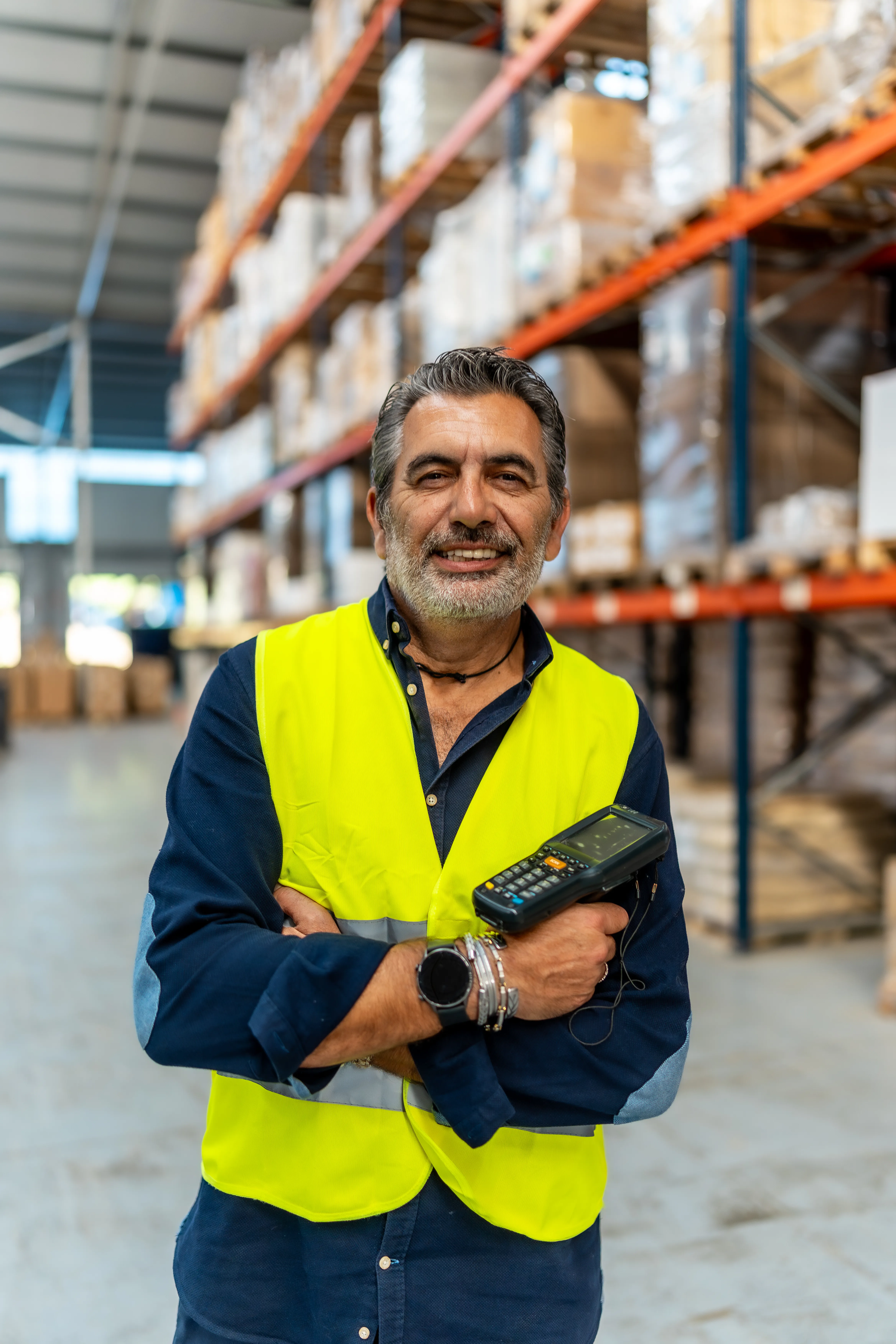 A warehouse floor lead with a barcode scanner, smiling in front of racking.